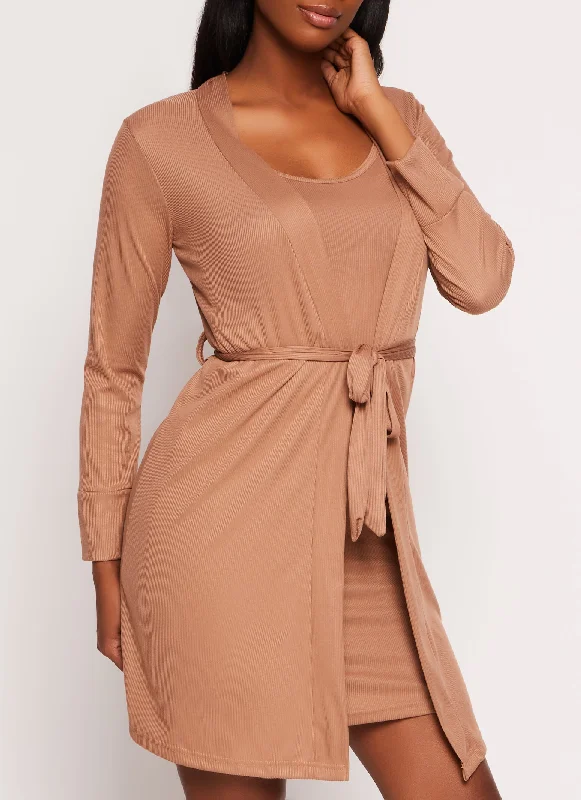 Solid Ribbed Cami Nightgown and Robe