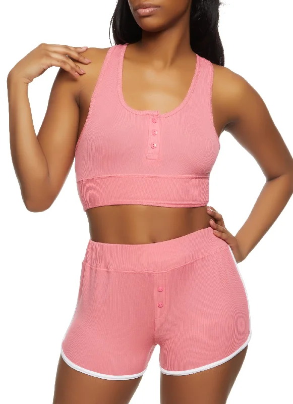 Rib Knit Button Detail Pajama Bralette and Shorts