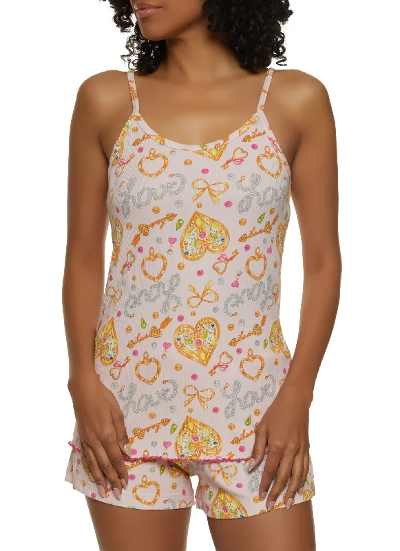 Ribbed Love Pearl Print Pajama Cami and Shorts