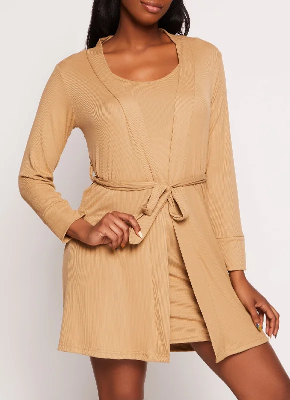 Solid Ribbed Cami Nightgown and Robe