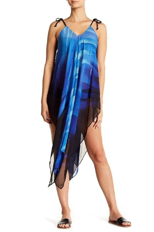 Beach Cover Up Dress in Strappy Aqua Asymmetrical Chiffon