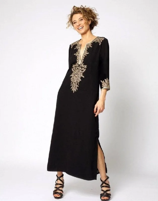 Black Embroidered Half Sleeve Kaftan Dress