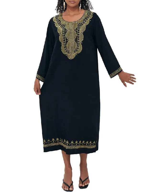 Black Embroidered Kaftan Dress Long Sleeve Coverup