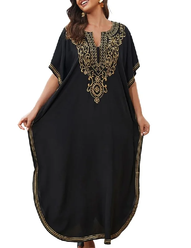 Embroidered Black Kaftan: Short Sleeve Beach Cover