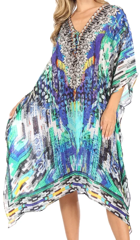 Sakkas Kristy Long Tall Lightweight Caftan Dress / Cover Up With V-Neck Jewels