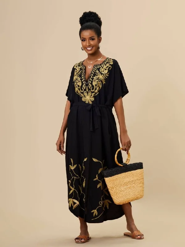 Gold Embroidered Long Beach Kaftan