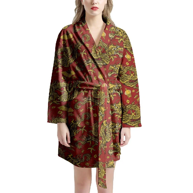 Golden Chinese Dragon Floral Print Women's Robe