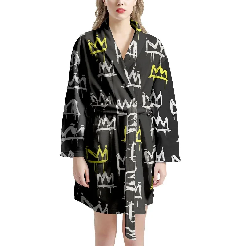 Graffiti Hiphop White And Yellow Crown Print Women's Robe