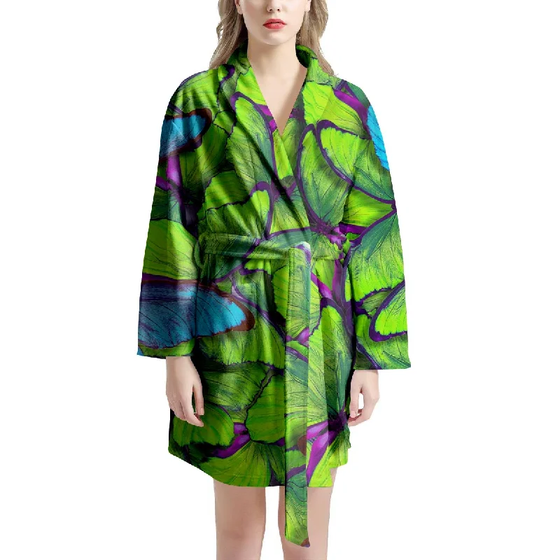 Green And Blue Butterfly Print Women's Robe