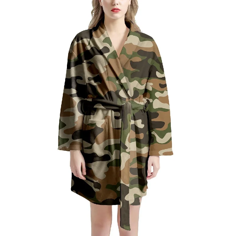 Green And Brown Camouflage Print Women's Robe