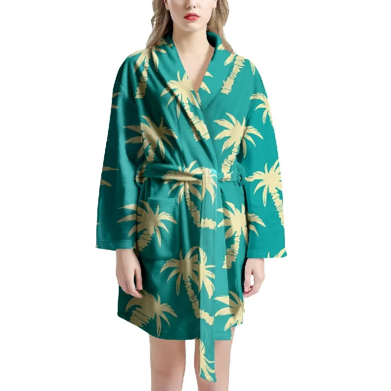 Green Palm Tree Hawaiin Print Women's Robe