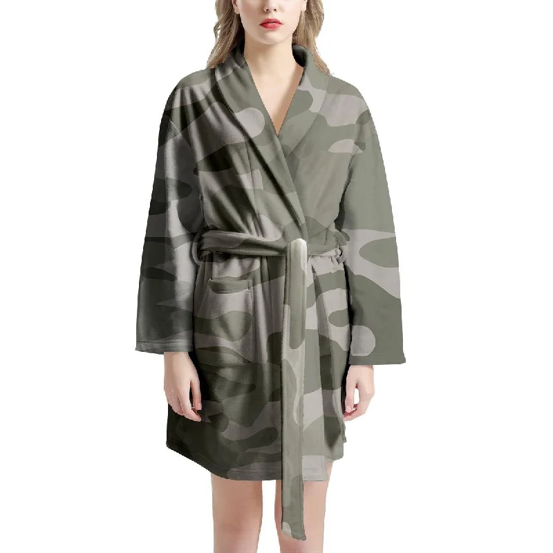 Grey And Green Camouflage Print Women's Robe