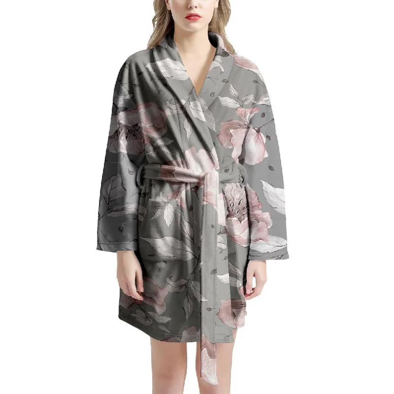 Grey Vintage Floral Print Women's Robe