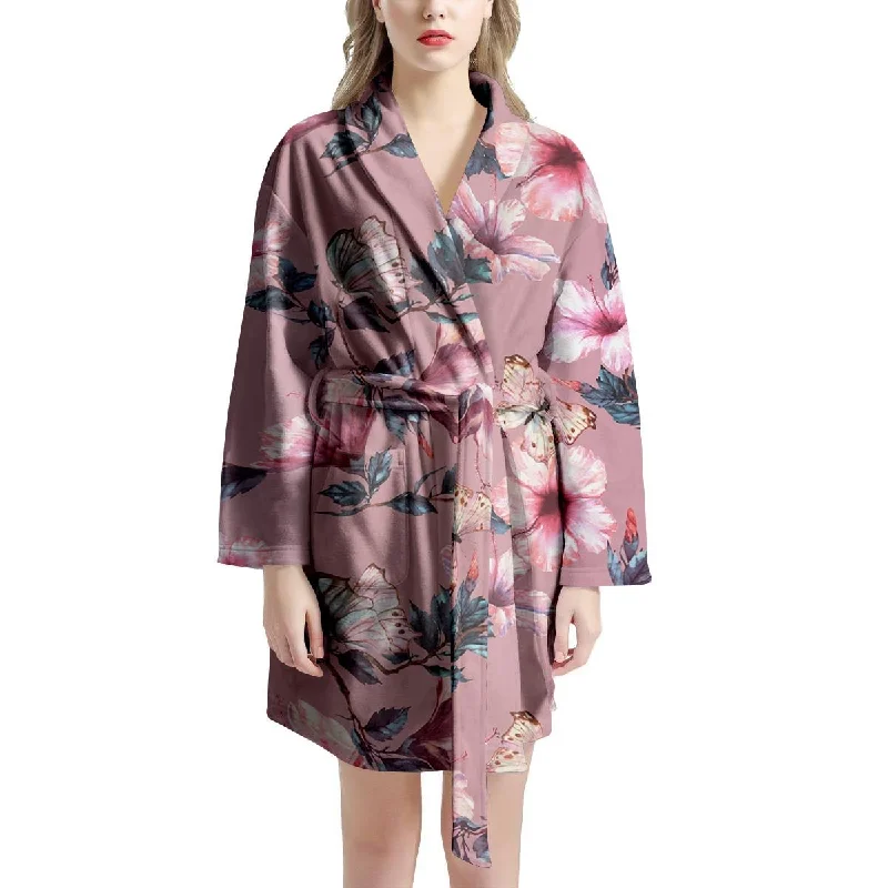 Hand Drawn Hibiscus Print Women's Robe