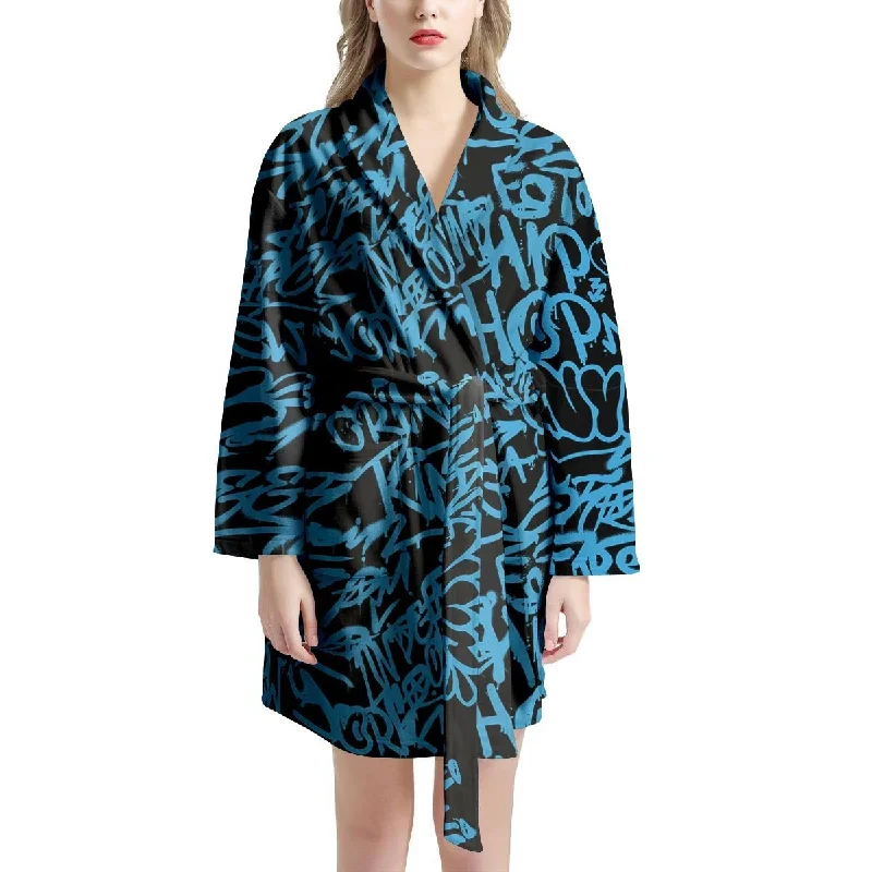 Hiphop Graffiti Blue Text Print Women's Robe