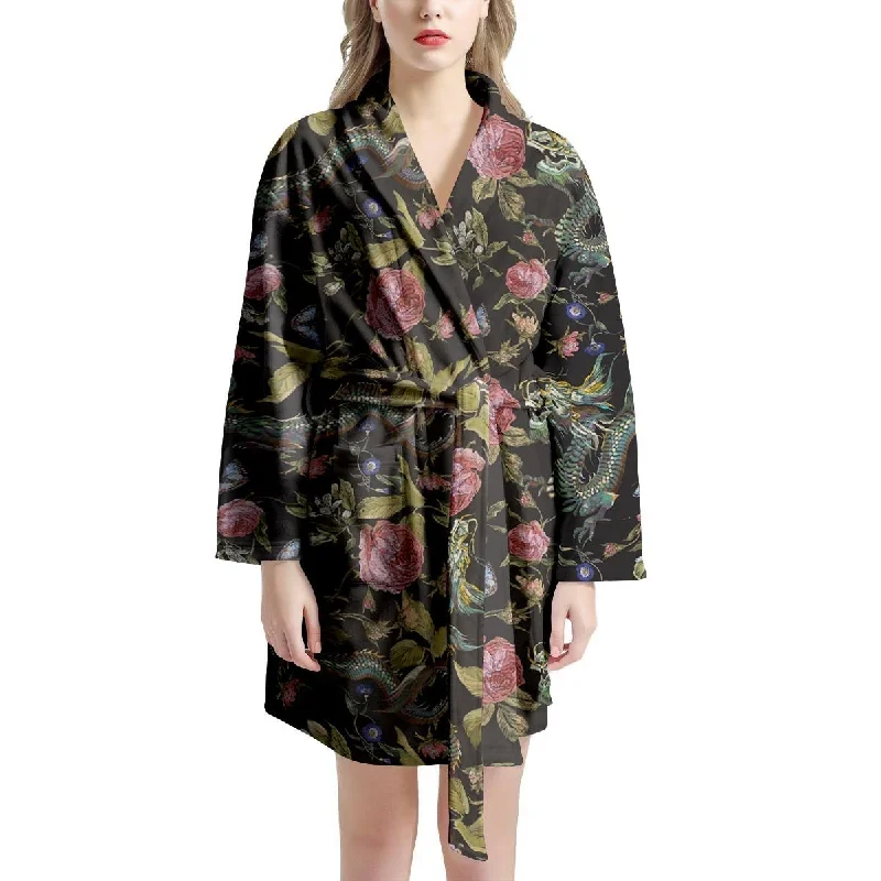 Janpanese Floral Dragon Print Women's Robe