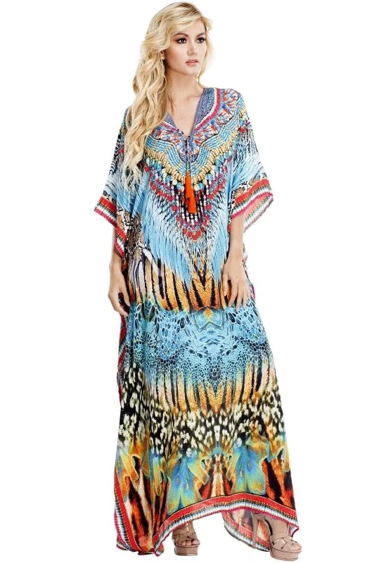 La Moda Animal Print Maxi Kaftans With Embellished Necklines and Tassels