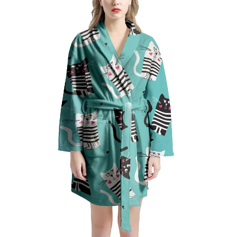 Love Turquoise Cat Print Women's Robe