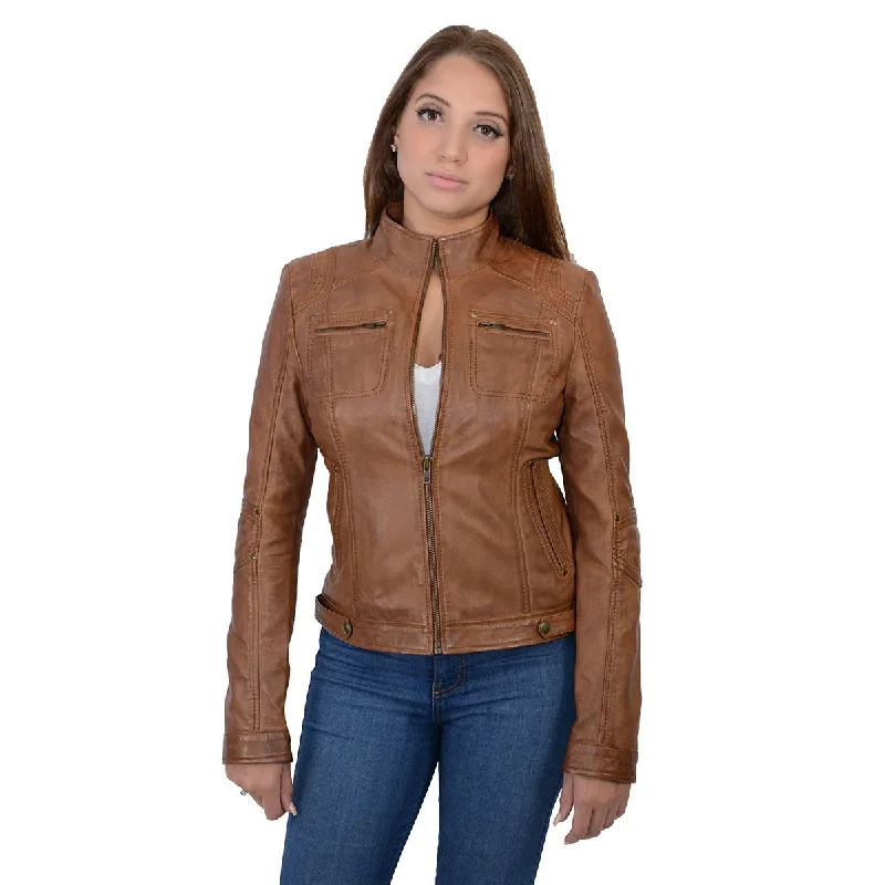 Milwaukee Leather SFL2800 Women's Racer Whiskey Stand Up Collar Motorcycle Fashion Leather Jacket