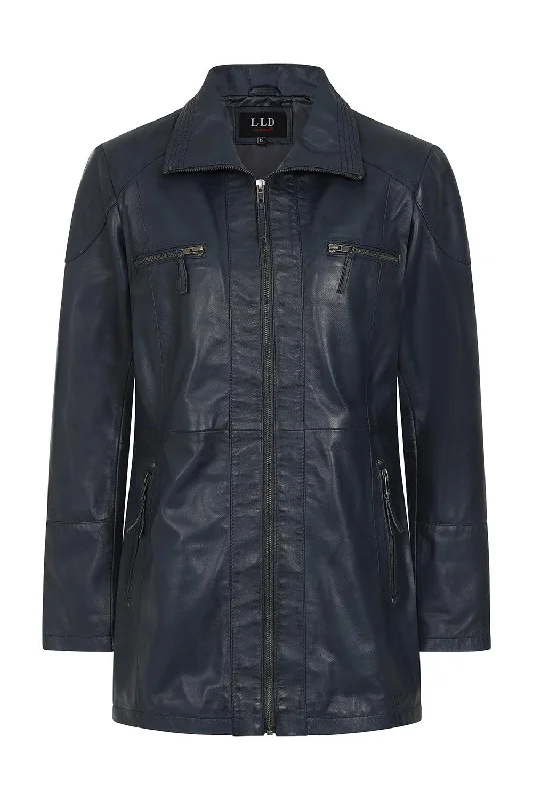 Women's Beautiful Hip Length Navy 'Sky' Blue Leather Jacket - 'ALEXA'