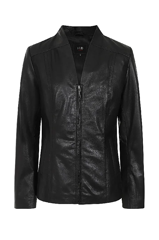 <span style="color: red; font-size: 28px; "> SPECIAL PROMOTION From £99</span><br>Women's Black Classic Zip Up Genuine Leather Jacket with a “V” Neck  - LAURA