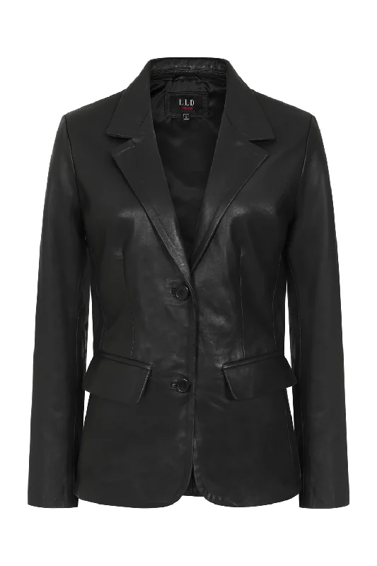 Women's Black Hip Length Blazer Leather Jacket - KAREN