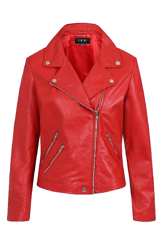 Women's Red Biker Style Real Leather Jacket - CELIA