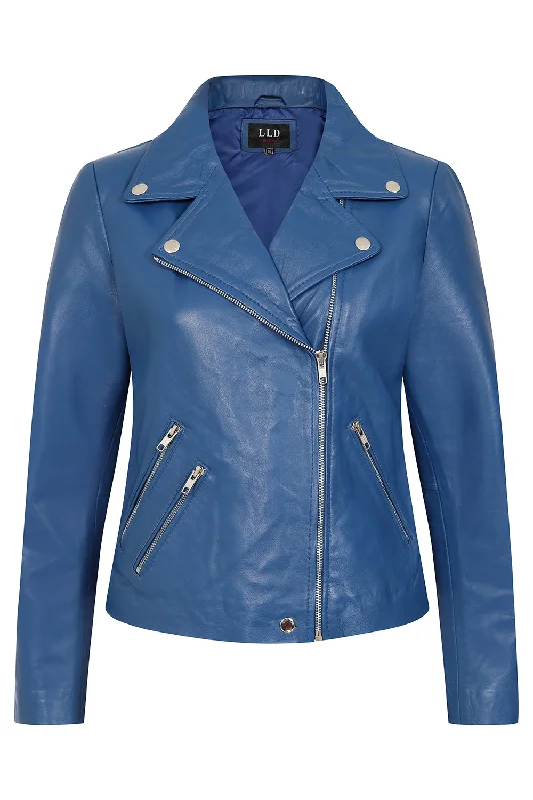 Women's Royal Blue Biker Style Real Leather Jacket - 'CELIA'