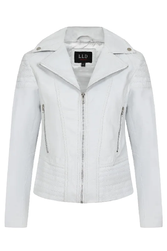 Women's White Smart Real Leather Biker Jacket - SUZY