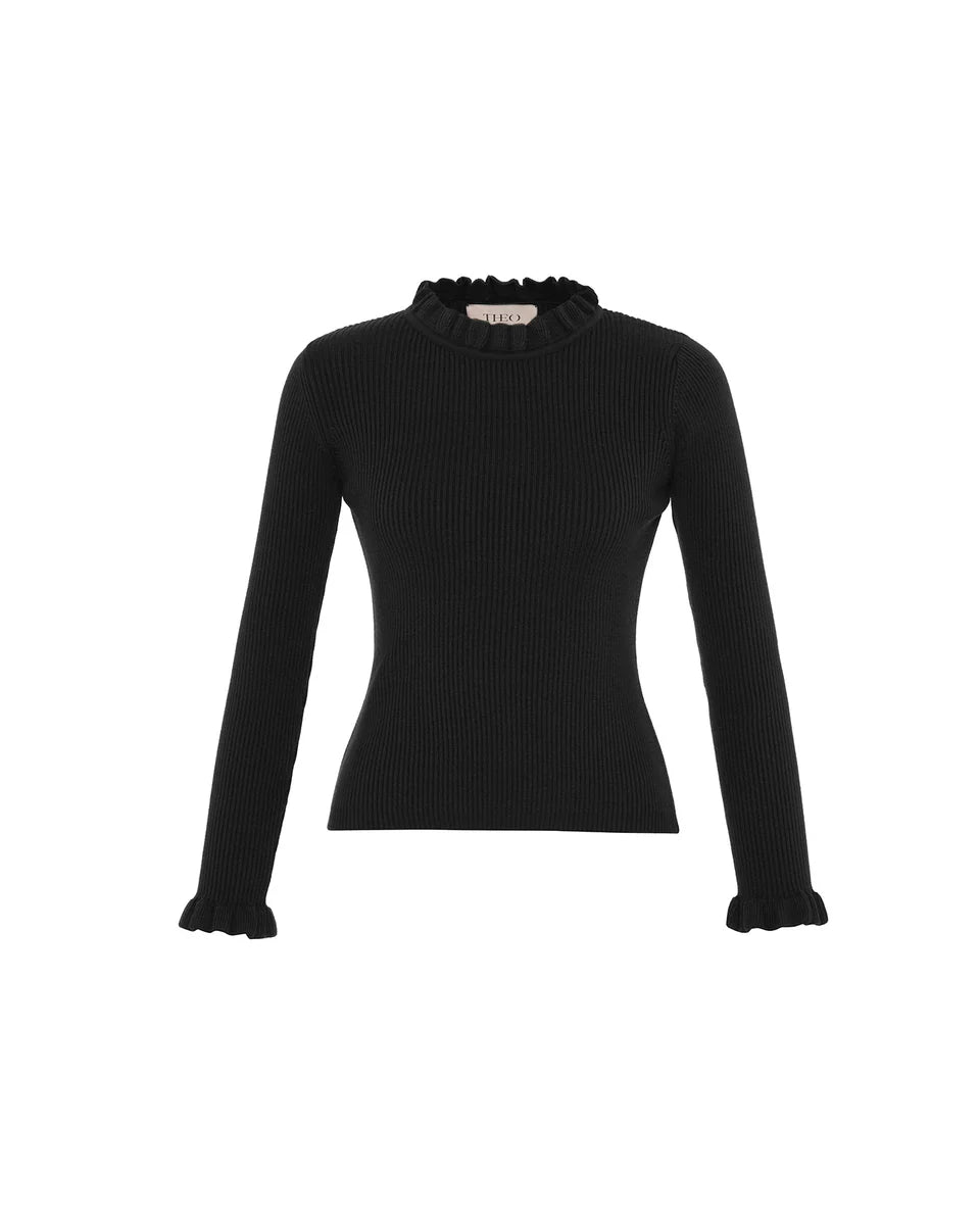 THEO Pallas Rib Knit Ruffle Neck Sweater Black