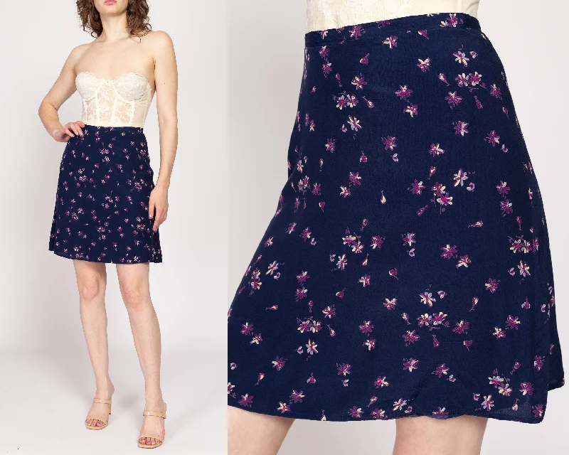 Medium 90s Navy Blue Floral Grunge Mini Skirt 27.5"