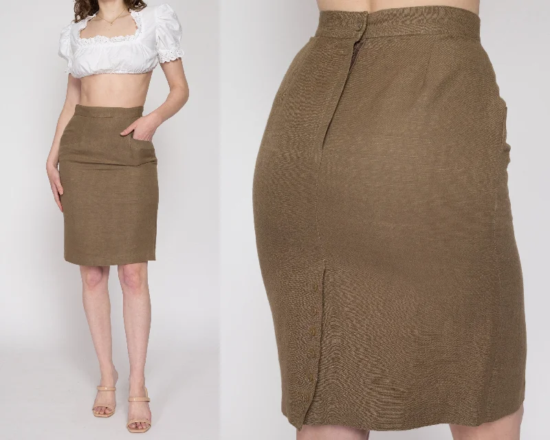 Small 90s Khaki Brown Linen Pencil Skirt 26"