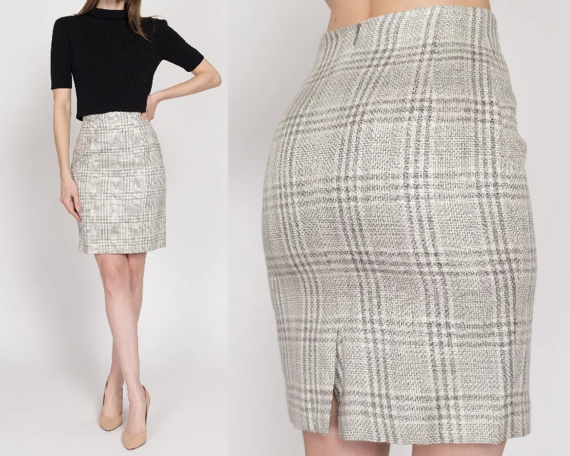 XS 90s Grey Plaid Woven Mini Pencil Skirt 24"