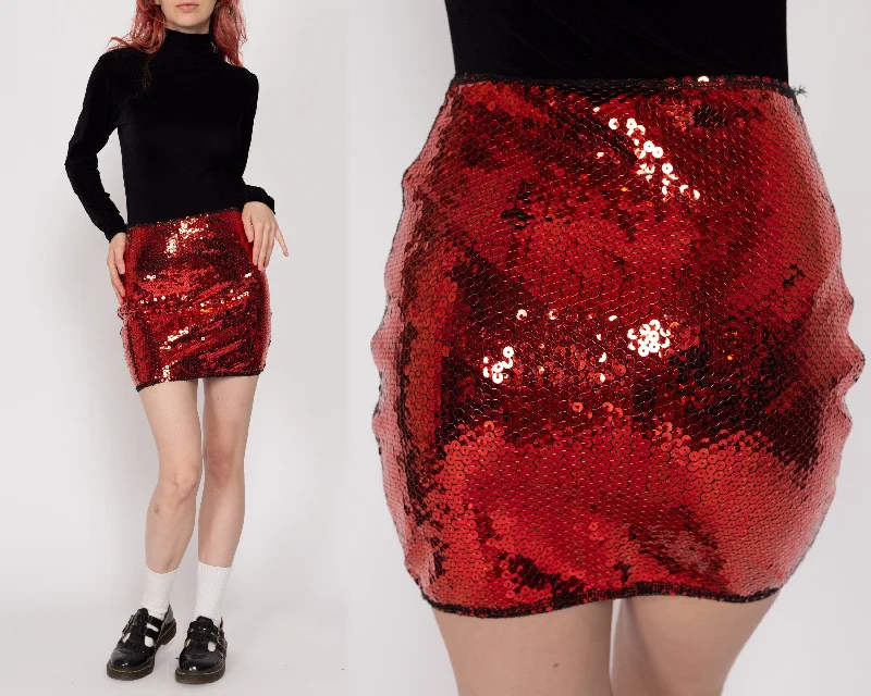 XS 90s Pinko Red Sequin Mini Skirt 25"