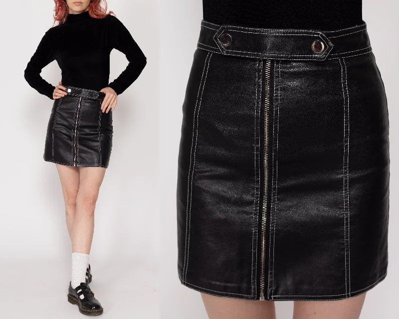 XXS-XS 90s Black Leather Zip Up Leather Mini Skirt