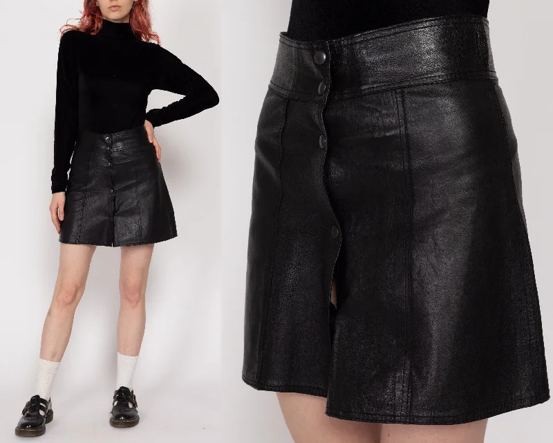 XXS-XS 90s Black Snap Up Leather Mini Skirt