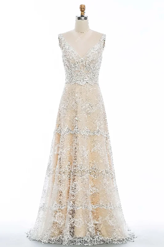 Classic A-line Champagne Floral Lace Straps Wedding Dress