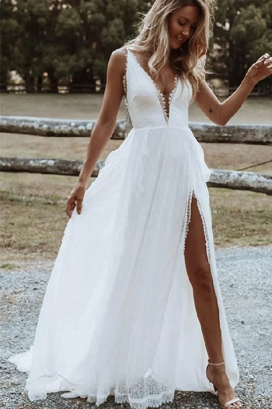 Bohemian A Line V Neck Lace Beach Wedding Dresses DTB108