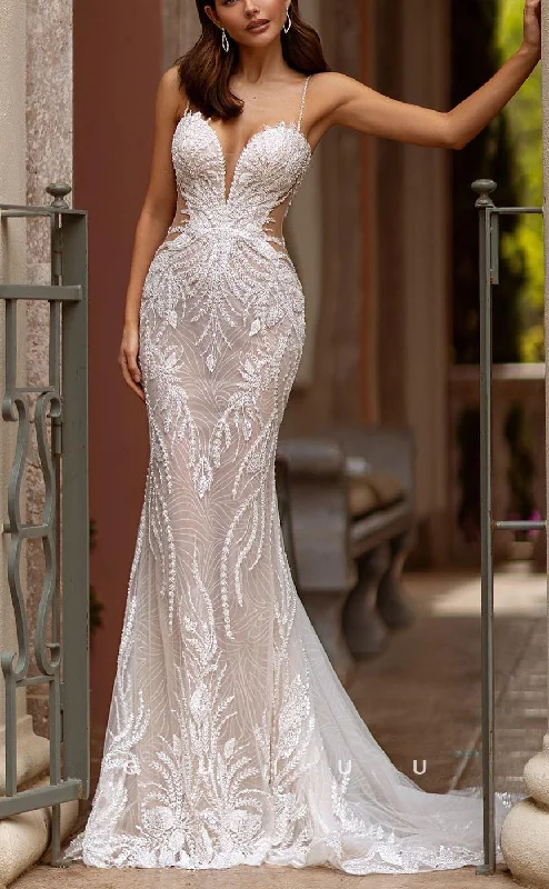 GW755 - Sexy & Hot Mermaid V-Neck Straps Fully Beaded and Sequined Illusion Wedding Dress with Sweep Train