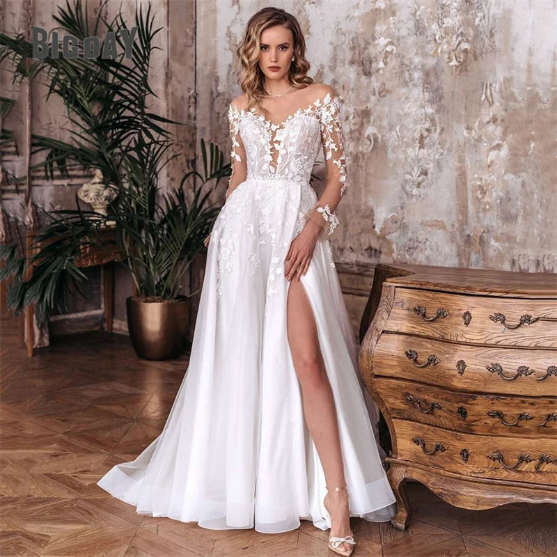 Elegant A-Line Wedding Dress Women Open Back V-Neck Lace Long Sleeve