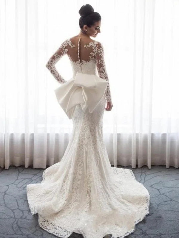 Luxury Lcae Sweetheart Long Sleeves Bow Mermaid Long Wedding Dresses, WD0573