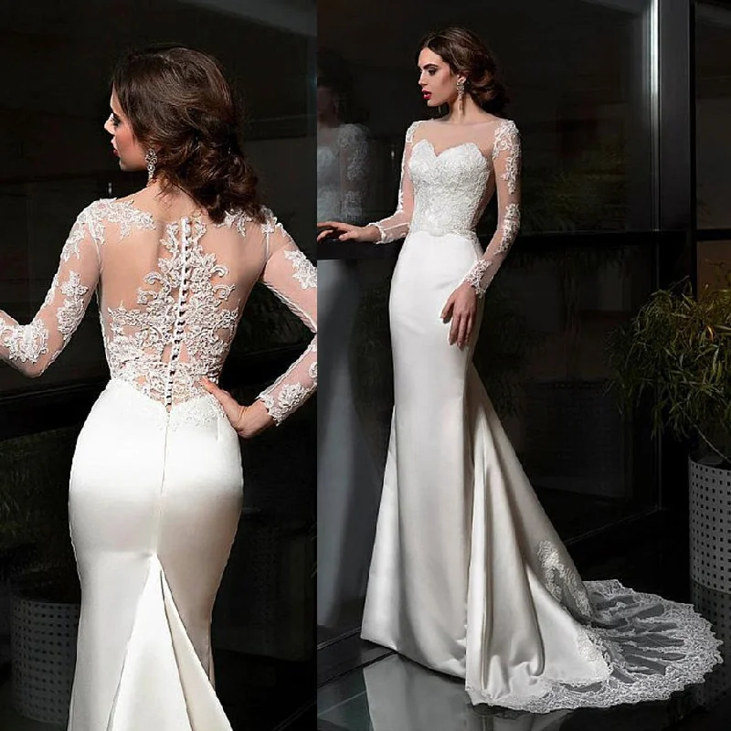 Elegant Satin Neckline Sheath Wedding Dress With Lace Appliques Long Sleeves Bridal Dress