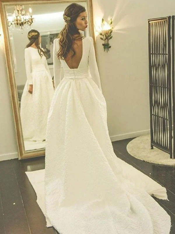 Modest Long Sleeves Open Back A-line Handmade Long Wedding Dress, WD0250