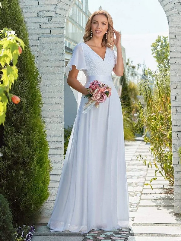 Minimalist Maxi Chiffon Beach Wedding Dress with Satin Belt