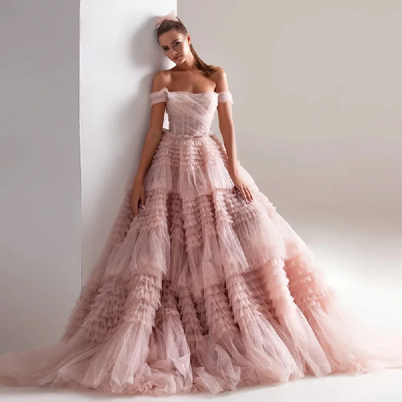 Pink Off Shoulder Ruffles Wedding Dress