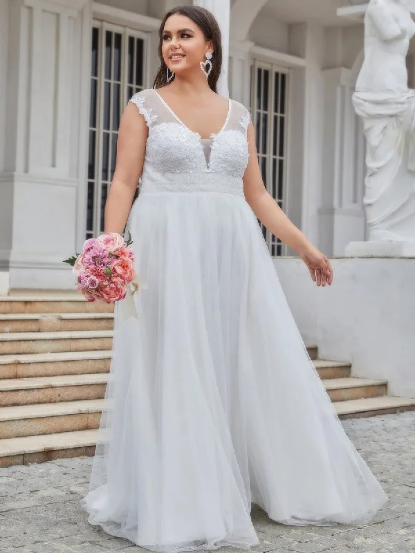 Plus Size Sleeveless V-Neck Tulle Simple Wedding Dress