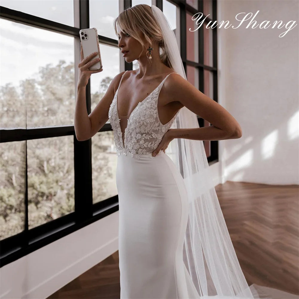 Mermaid Wedding Dresses Lace V-Neck Spaghetti Straps Open Back