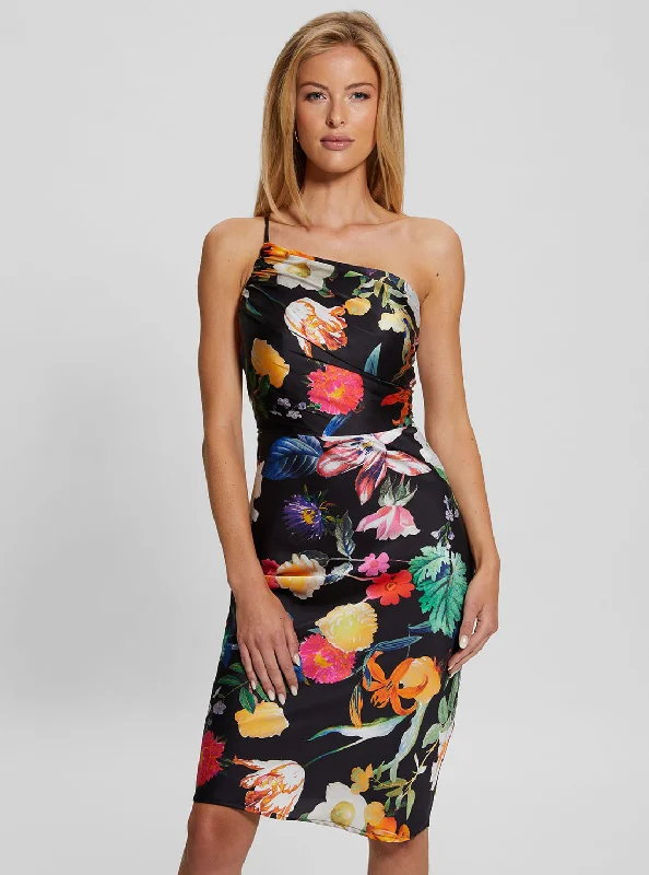 Black Floral Cindy One Shoulder Midi Dress