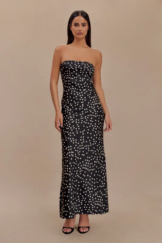 Claudette Strapless Satin Maxi Dress - Black Polka Dot Print