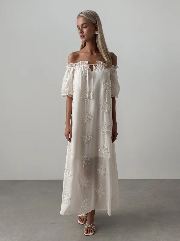 Off-the-Shoulder Embroidered Maxi Dress